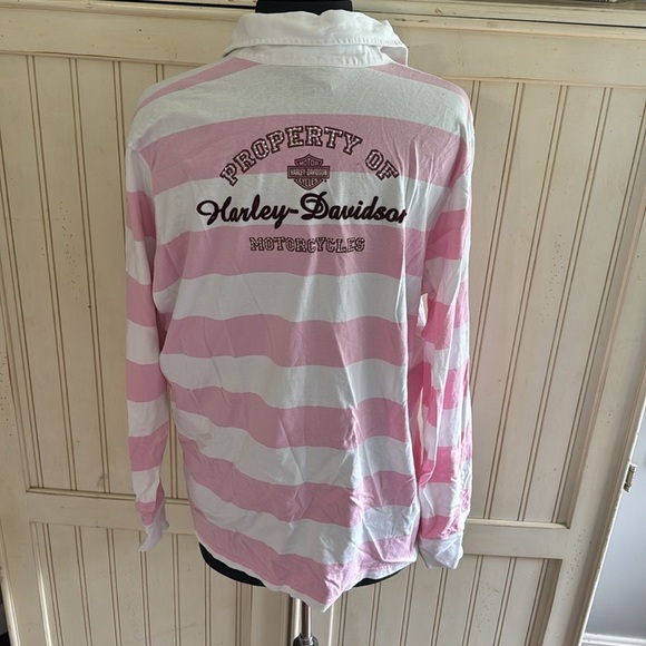 Harley-Davidson Woman’s Long Sleeve Collard Pink and White Striped Shirt - Picture 5 of 9